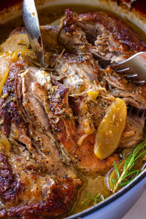 This slowly braised apple cider pork roast is perfect for fall! It's packed with fall flavors, and it's fall-apart tender and juicy. Dutch Oven Pork Recipes, Dinner Recipes Fall Autumn, Pork Thanksgiving Recipes, Boneless Pork Roast Recipes, Christmas Pork Recipes, Fall Pork Roast Recipes, Boneless Pork Roast Recipes Crock Pots, Dutch Oven Pork Roast Recipes, Pork Roast Recipes Dutch Oven