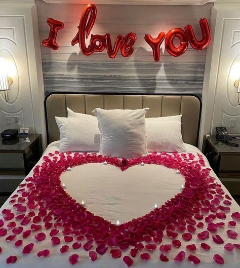 40 Beautiful Wedding First Night Bedroom Decoration Ideas Simple First Night Room Decoration, Hotel Room Decoration, First Wedding Night, Wedding Night Room Decorations, Fake Rose Petals, Romantic Room Surprise, Romantic Room Decoration, Flower Room Decor, Wedding Bedroom