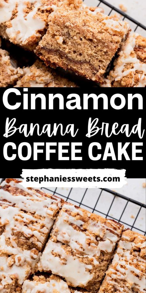 This banana bread coffee cake is basically a banana bread and coffee cake mash up. It is full of incredible cinnamon flavor! This is a very soft banana bread with a cinnamon swirl filling and a cinnamon topping. It is a soft cake with a crunchy topping and can be made with no mixer! Cinnamon Oat Bread, Coffee Cake Banana Bread, Banana Bread Coffee Cake, Soft Banana Bread, June Recipes, Bananas Recipes, Bread And Coffee, Moist Banana Cake, Breakfast Cakes