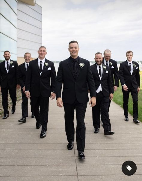 Groom In All Black Suit, Groomsman All Black Suits, Groomsmen Black Tux With Tie, Groom Outfit All Black, Groom And Groomsmen Attire Black Tuxedos, Black Suit Bridal Party, Bridal Party Black Suits, Groomsmen In All Black Suits, Black White Groomsmen Attire