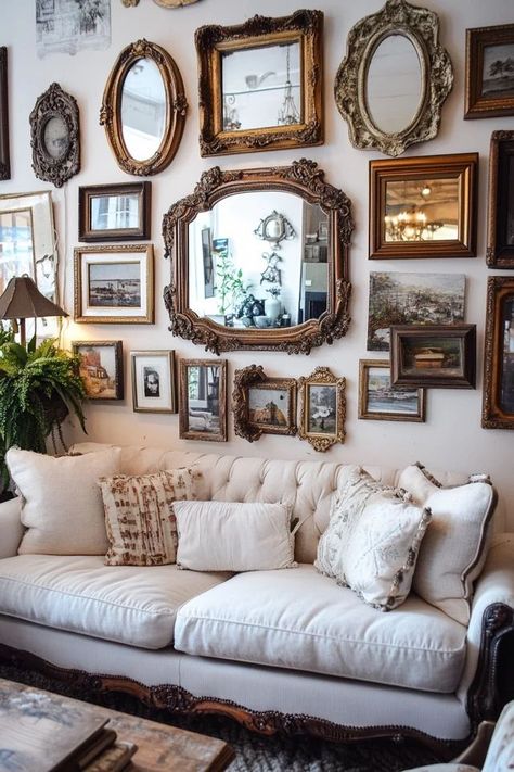 "Create depth and light with a stunning DIY Mirror Gallery Wall! 🖼️✨ #DIYHomeProjects #MirrorDecor #HomeInspiration" Many Mirrors On Wall, Old Fashioned Gallery Wall, Hanging A Mirror On A Wall Tips, Wall Of Gold Mirrors, Mixed Frame Photo Wall, Old Style Mirror, Gallery Wall Mirrors And Pictures, Gallery Mirror Wall, Photo Wall Collage With Mirror