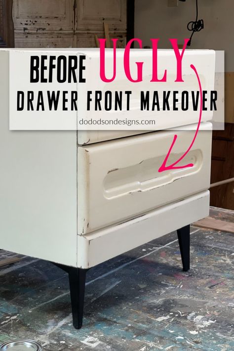 New Drawer Fronts, Reface Dresser Drawer Fronts, 80s Nightstand Makeover, Cheap Nightstand Makeover, Refacing Dresser Drawers, Night Stand Flip, Wood Filler Before And After, Dresser Before And After, Drawer Front Makeover