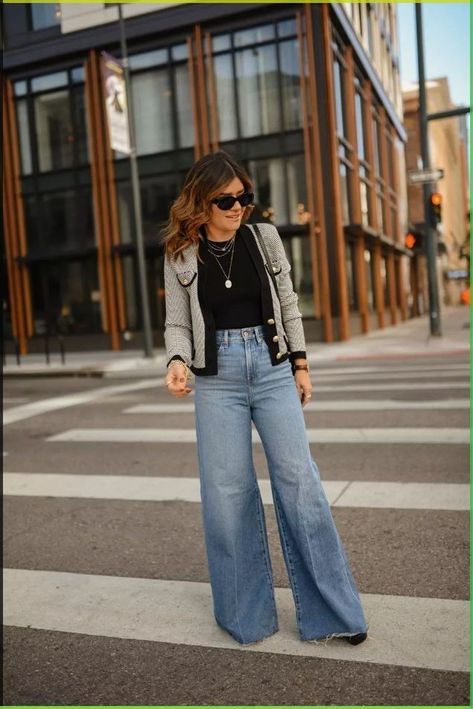 Spring Outfits Ideas For Women, Denim Blazer Outfit Womens Fashion, Western Wear Outfits Fashion Trends, Pantalones Mom, Palazzo Jeans, Stile Casual Chic, Wide Leg Jeans Outfit, Chic Winter Style, Wide Leg Pants Outfit