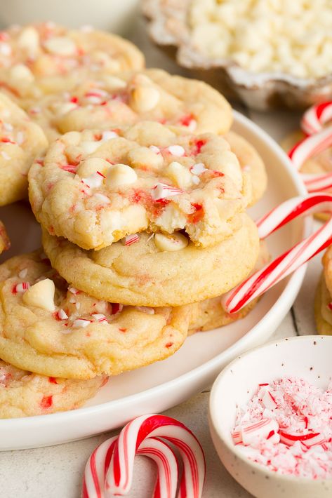 White Chocolate Peppermint Cookies are chewy, soft, and loaded with white chocolate chips, peppermint flavor, and candy cane pieces! These make the best Christmas cookies and will quickly become your new favorite! White Chocolate Macadamia Nut Peppermint Cookies, White Choc Peppermint Cookies, Candy Cane Crunch Cookies, White Peppermint Cookies, Candy Cane Thumbprint Cookies, White Chocolate Chip Candy Cane Cookies, Candy Cane Crinkle Cookies, White Chocolate And Peppermint Cookies, Peppermint White Chocolate Chip Cookies