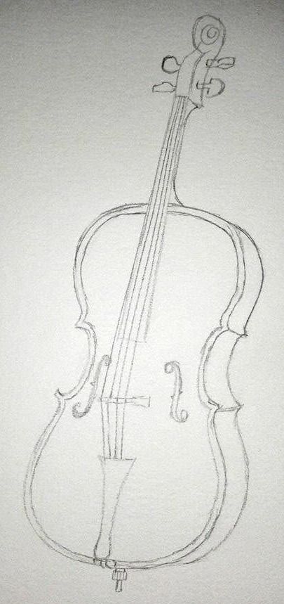 Cello Sketch Drawing, Cello Art Paintings, Wednesday Cello Drawing, How To Draw A Cello Step By Step, Cello Art Drawing, Cello Drawing Simple, Cello Drawing Reference, How To Draw A Violin, 3d Art Sketch