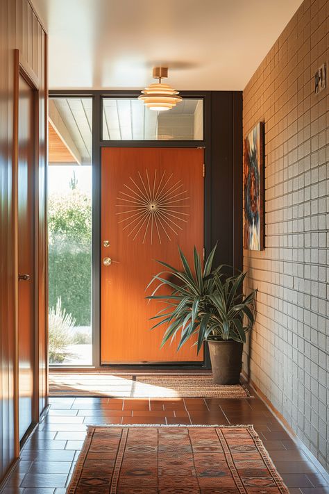 Mcm Foyer Ideas, Entry Way Mid Century Modern, 1960s Entryway, House Entry Ways, Mid Century Hallway Ideas, Vestibule Ideas Entryway, Mcm Entryway, Mid Century Entryway Ideas, Midcentury Entryway