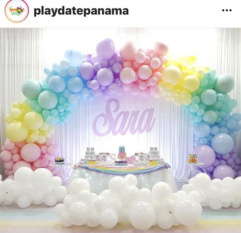 Unicorn Birthday Party Ideas Decoration Rainbow Theme, First Birthday Rainbow Theme Decoration, Unicorn Theme Decoration Ideas, Rainbow Birthday Balloons, Care Bears Balloon Decorations, Rainbow Theme Birthday Decorations, Care Bear 2nd Birthday Party, Care Bear Balloon Arch, Rainbow Theme 1st Birthday Party