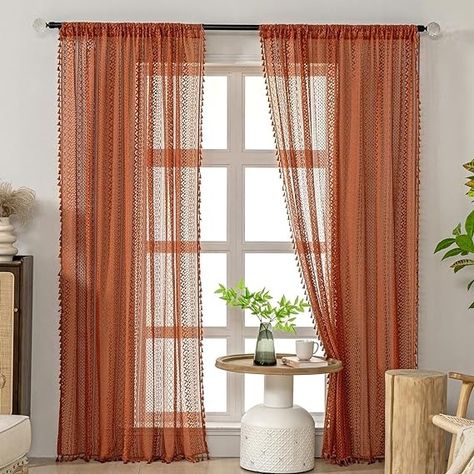 Amazon.com: WAZZIO Cotton Crochet Lace Boho Curtains 2 Panel Rustic Burnt Orange Sheer Curtains 84 Inches Long Rod Pocket Rust Tassel Geometric Light Filtering Terracotta Curtains Bedroom Living Room Drapes : Home & Kitchen Terracotta Curtains, Orange Sheer Curtains, Burnt Orange Curtains, Sheer Curtains Bedroom, Fall Curtains, Southwestern Living Room, Cafe Curtain Rods, Orange Curtains, Window Curtains Bedroom