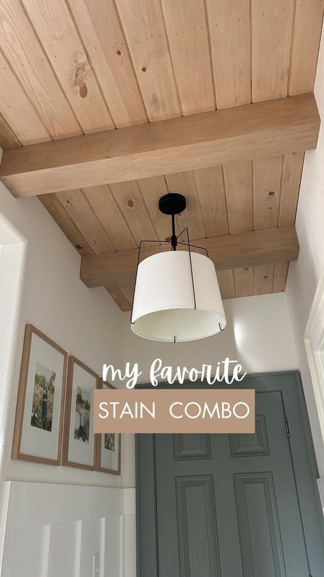 Paige Bower | Budget DIY + Custom Carpentry + Design | My go-to stain combo that works every time! One thing I do before even getting started on staining: sand the wood I’m working on. Sanding… | Instagram White Walls Wood Baseboards, Light Wood Baseboards And Trim, Wood Ceiling Shiplap Walls, Mixed Stains On Wood, Mudroom Wood Ceiling, Best Minwax Stain Color, Wood Ceiling Colors, Colors That Go With Natural Wood, Pale Oak Wainscoting