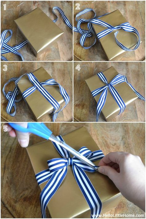 Present Wrapping Tips: How to Tie a Bow | Hello Little Home #giftwrap #Christmas #holidays Ribbon On Presents, Bows For Presents, Cute Gift Wrapping Ideas, Pretty Gift Wrapping Ideas, Package Bows, Gift Wrapping Techniques, How To Tie Ribbon, Gift Wrapping Inspiration, Bows Diy Ribbon