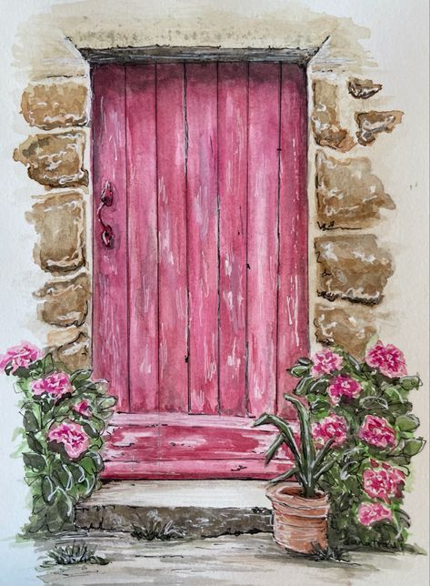 Watercolor pink door Watercolour Doors Watercolor Painting, Watercolor Doors And Windows, Watercolor Window Painting, Paintings Of Doors, Watercolor Doorways, Watercolor Doors Paintings, Watercolour Door, Door Painting Ideas Creative, Door Watercolor Painting