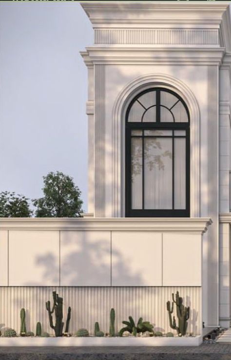 Boundary Wall Design Classical, French Elevation Design, Neo Classical Building Elevation, Modern Classic Building Facade, Neo Classical Boundary Wall, Classical Exterior Elevation, Boundary Wall Design Exterior Classic, Neoclassical Exterior Design, Classical Gate Design