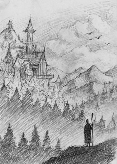 Landscape Pencil Drawings, Landscape Sketch, Fantasy Drawings, White Drawing, Architecture Drawing Art, Arte Sketchbook, Pencil Art Drawings, Landscape Drawings, Black And White Drawing