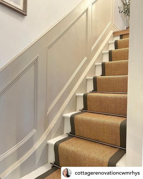 Staircase Paneling, Old Staircase, Sisal Stair Runner, Cottage Hallway, Stairs And Hallway Ideas, Cottage Stairs, Stair Paneling, Carpet Staircase, Stairs Renovation