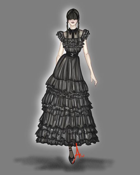 #wednesdayaddams #mercoledi #wednesdaynetflix #fashion #fashionstyle #fashionillustration #digitalillustration #procreate #fashionsketches #streetstyle #fashioninspo #fashiondesigner #menswear #womenwear #vintage Wednesday Fashion Illustration, Wednesday Addams Fashion, Wednesday Theme, Wednesday Addams Costume, Wednesday Dress, Angel Trumpet, Hayden Williams, Fashion Illustration Sketches Dresses, Sketches Dresses