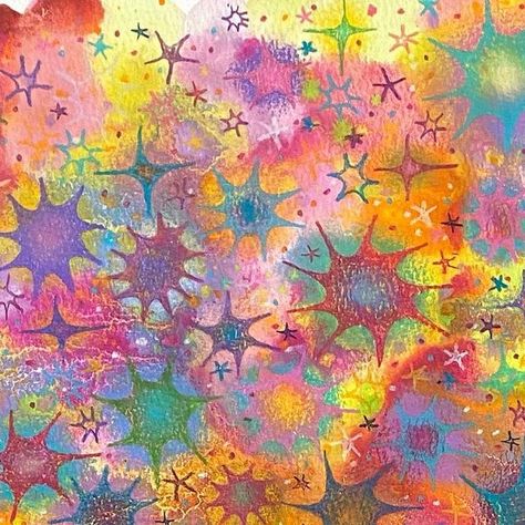 Samara Hernandez on Instagram: "More stars more stars more stars  • • • #starcore #staraesthetic #illustration #illustrationartists #illustrator #coloredpencil #coloredpencilart #womenwhodraw #womenwhoillustrate #kidcore" Funky Star Drawing, 2d Mixed Media Art, Colored Pencil Drawing Aesthetic, Stars Illustration Art, Kidcore Painting, Star Painting Ideas, Star Canvas Painting, Colorful Drawing Ideas, Kaleidoscope Painting