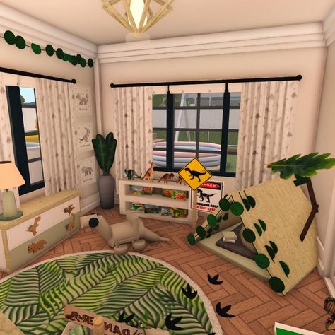 Bloxburg Fun Room Ideas, Bloxburg Play Area Ideas, Bloxburg Daycare Interior, Blocksburg Ideas, Dinosaur Decals Bloxburg, Toddler Bedroom Bloxburg, Playroom Ideas Bloxburg, Bloxburg Summer Bedroom Ideas, Bloxburg Kids Playroom Ideas