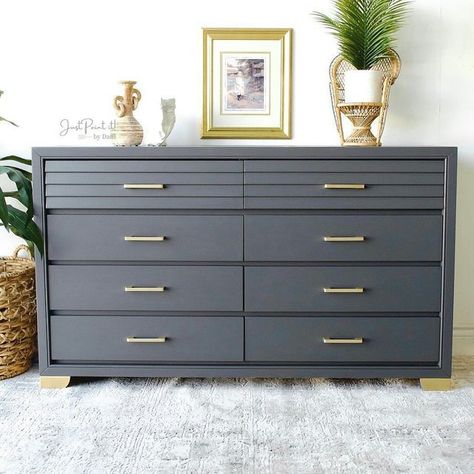 Blue Grey Dresser Painted Furniture, Grey Dresser Gold Hardware, Dark Grey Dresser, Charcoal Dresser, Dresser Colors, Painted Tv Stand, Flipped Furniture, Brass Bedroom, Dressers Bedroom