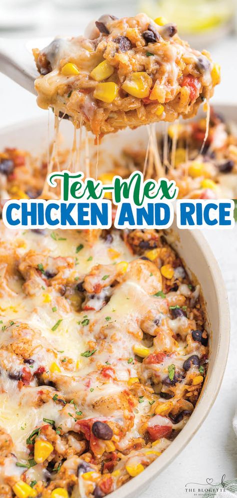 One-pan Tex Mex Chicken and Rice packed with chicken, rice, tomatoes, beans, corn, chilies, and ooey gooey melted cheese! Tex Mex Bake, Queso Chicken And Rice Bake, Dutch Oven Chicken And Rice Recipes, Chicken And Rice And Veggies, Easy Dinner Ideas With Rice, Chicken Rice And Beans Recipe, Mexican Rice Bake, Easy Dinner Recipes With Rice, Recipes Over Rice