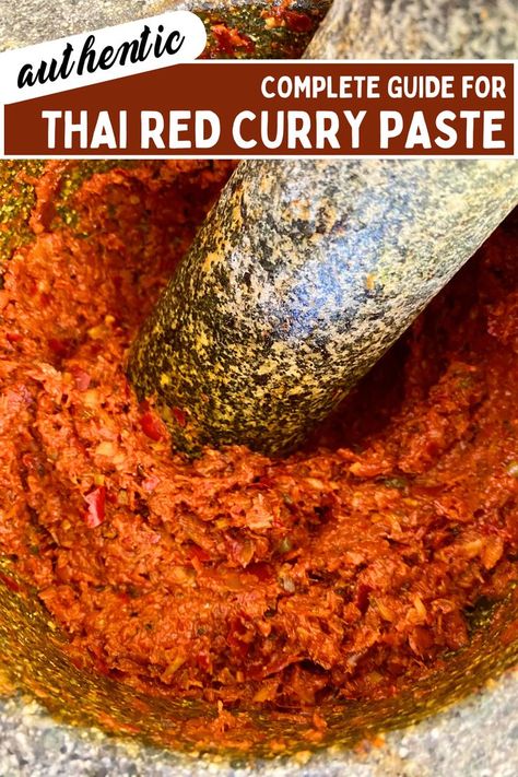 Close-up of Thai red curry paste in a granite mortar with pestle. Thai Curry Recipes Vegetarian, Thai Red Curry Paste Recipe, Red Curry Paste Recipe, Curry Paste Recipe, Diy Spice Mix, Thai Red Curry Recipe, Thai Red Curry Paste, Thai Curry Recipes, Curry Recipes Vegetarian