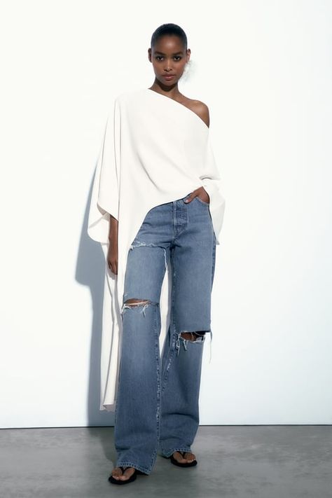 ASYMMETRIC CAPE BLOUSE - Ecru | ZARA United States Fashion Week Ss 2024, Asymmetrical Top Outfit, Dramatic Ethereal, Asymmetric Cape, Mommy Clothes, Blouse 2023, Cape Blouse, Cape Top, Flamboyant Natural