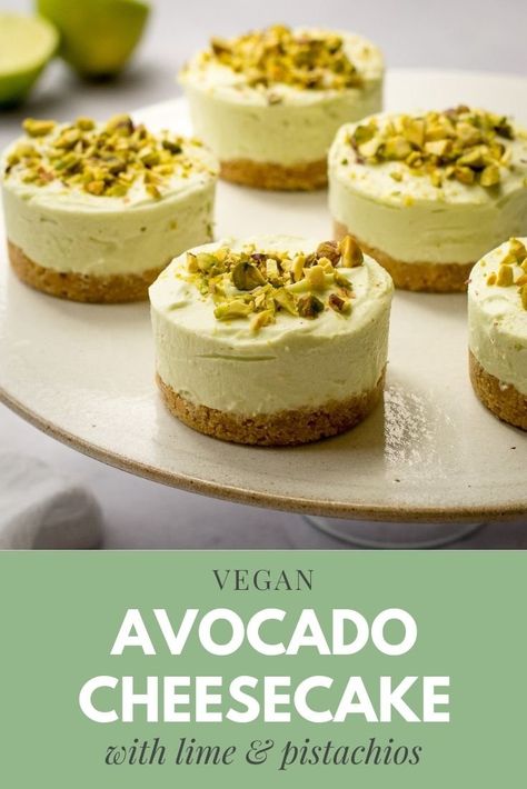 A deliciously creamy avocado cheesecake that no one will believe is vegan! With a zing of lime and crunch of pistachios it is an easy and decadent vegan dessert. Avocado Cheesecake, Vegan Afternoon Tea, Vegan Easter Recipes, Pistachio Cheesecake, Pistachio Dessert, Avocado Dessert, Vegan Summer Recipes, Vegan Gluten Free Desserts, Vegan Easter