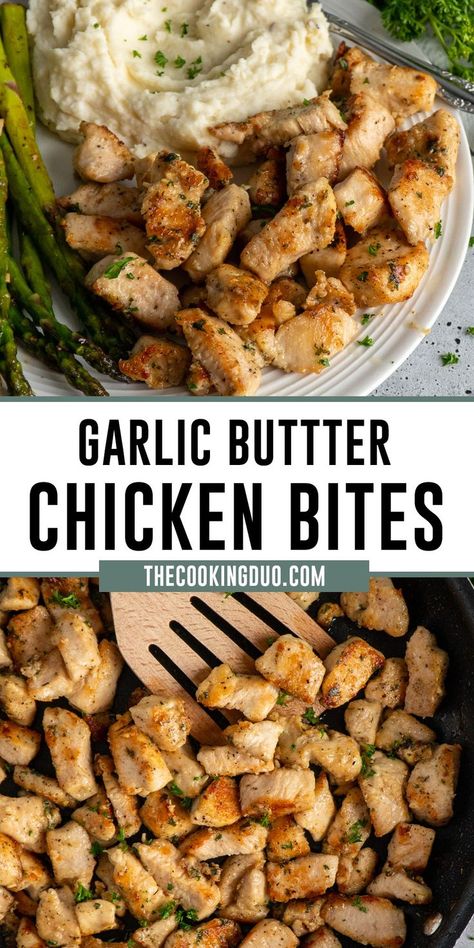 Garlic butter chicken bites on a plate. Essen, Buttery Garlic Sauce, Ayam Mentega, Garlic Butter Chicken Bites, Butter Chicken Bites, Healthy High Protein Meals, Chicken Pieces, Dinner Side, Favorite Dinner