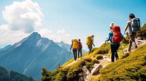 Embark on an adventurous journey with a group of people as they hike through the majestic mountains. With each step, they immerse themselves in the breathtaking beauty of nature, surrounded by towering peaks and lush landscapes. Laughter and camaraderie fill the air as they conquer challenging trails, share stories, and create unforgettable memories. This exhilarating scene captures the spirit of exploration, friendship, and the awe-inspiring wonders of the mountains. Hiking Images, People Hiking, Mountain Landscape Photography, Mountain Images, A Group Of People, Majestic Mountains, Breathtaking Beauty, Group Of People, Mountain Paintings