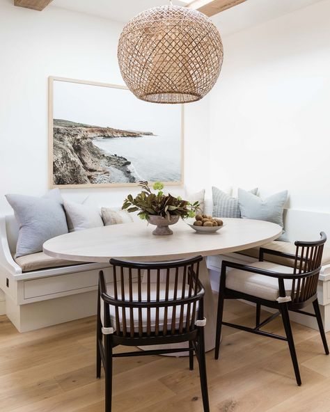 Pure Salt Interiors on Instagram: “A breezy breakfast nook that's got us daydreaming of sea air and sandy toes ☺ This coastal inspired banquette really feels like you are…” Pure Salt Interiors, Coastal Dining Room, Kitchen Banquette, Pure Salt, Coastal Dining, Rooms Ideas, Rattan Pendant Light, Kitchen Nook, Up House