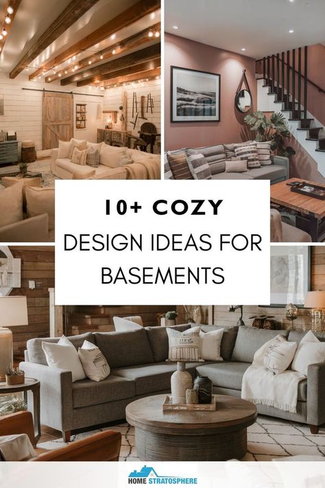 A collage of cozy basement designs showcasing different decor ideas, including warm lighting and comfortable seating, perfect for inspiration. Modern Basement Apartment Ideas, New Basement Design Ideas, Modern Cottage Basement, Hygge Basement Ideas, Half Basement Remodel, Basement Redesign Ideas, Man Cave Finished Basement, How To Decorate A Finished Basement, Basement Den Ideas Cozy Living