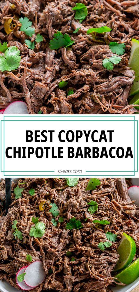 This Copycat Chipotle Barbacoa Recipe is the Mexican night of your dreams. If you love beef barbacoa, you've got to try this! It's low carb, easy to make, and fall apart delicious! #barbacoa #barbacoabeef #chipotlebarbacoa #copycatrecipes Copycat Chipotle Barbacoa, Barbacoa Crock Pot, Chipotle Barbacoa Recipe, Gd Recipes, Chipotle Barbacoa, Chipotle Copycat Recipes, Fiesta Food, Beef Barbacoa, Chipotle Recipes