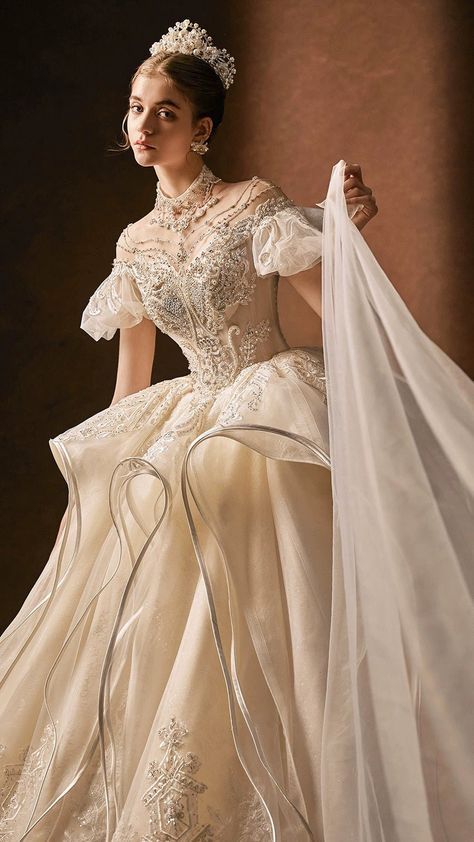 Look like royalty on your big day in this Vintage Inspired Luxury Princess Beading Wedding Dress With Open Back- Plus Size! Wow your guests when you walk down the aisle with its dazzling vintage-inspired beading and stunning open back. There's no doubt you'll be the most beautiful bride! Ahh-mazing!!! Regal Wedding Dress Romantic, Big Sleeved Wedding Dress, Antique White Wedding Dress, Fairy Tale Wedding Dress Fantasy Gowns, Fantastical Wedding Dress, Armour Wedding Dress, Medieval Dress Wedding, Victorian Themed Wedding Dress, Imperial Wedding Dress