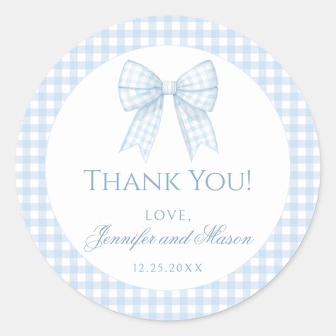 Preppy Baby Boy, Light Blue Gingham, Preppy Baby, Classic Preppy, Gingham Pattern, Bow Ribbon, Thank You Stickers, Blue Gingham, Blue Baby