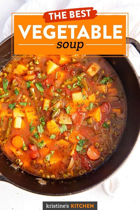 The BEST Vegetable Soup! This homemade Vegetable Soup is easy to make, hearty and healthy. One of our favorite vegetarian dinner ideas and a favorite comfort food. The Best Vegetable Soup Ever, Good Vegetable Soup Recipes, We Vegetable Soup, Vegetable Soup With Rice Recipe, Quick Vegetable Soup Recipes, Ww Veggie Soup, Hearty Vegetables Soup, Best Vegetable Soup Recipes Ever, Meatless Vegetable Soup Recipe