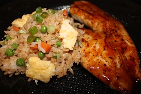 Vegetable Fried Rice and Teriyaki Glazed Tilapia Tilapia And Rice, Tilapia Seasoning, Glazed Tilapia, Rice Dinner Ideas, Frozen Peas And Carrots, Grilled Tilapia, Teriyaki Recipe, Teriyaki Glaze, Peas And Carrots