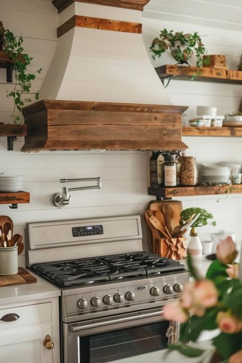 Rustic Farmhouse Range Hood Ideas for Your Kitchen Cottage Stove Hood, Shiplap Stove Hood, Farmhouse Hood Vents Kitchen, Range Hood With Open Shelving, Farmhouse Range Hood Ideas, Oven Hood Ideas, Stove Hood Ideas, Farmhouse Range Hood, Hoods Over Stoves