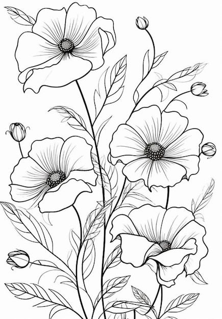 Traceable Pictures, Flower Line Drawing Pattern, Flower Drawing Sketches, Flower Bunch, Leaves Drawing, Bunch Of Flowers Drawing, Pencil Drawings Of Flowers, Flannel Flower, Flower Line Drawings