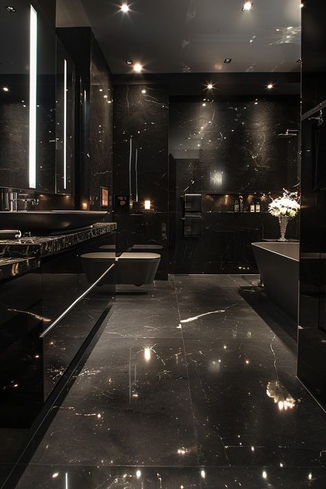 29 Bold Black Bathroom Decor Ideas for a Dramatic Flair 1 Futuristic Bathroom Design, Luxury Black Bathroom, Black Luxury House, Black Bathroom Decor Ideas, Penthouse Bathroom, Black Bathroom Decor, Dark Bathrooms, Black Elegance, Dark Modern