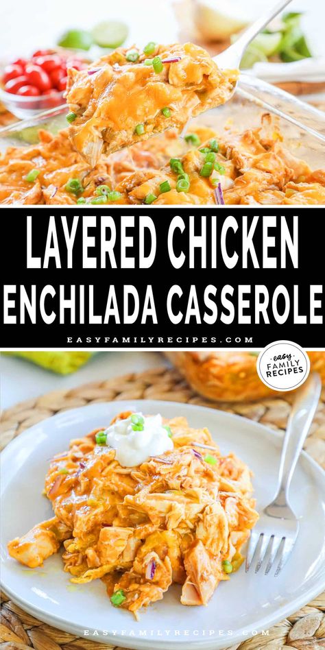 EASY family friendly dinner! Layered chicken enchilada casserole is that new kid favorite meal you’ve been looking for! Use premade shredded chicken, green chilies, and flavor packed enchilada sauce for the most delicious meal that everyone is sure to devour! It’s a one-pan oven baked chicken dish that the whole family will be happily eating in no time. Easy clean up, hands off cooking, and gooey cheesy layers of enchilada make this an instant win for any family. Layered Chicken Enchilada Casserole, Green Chili Chicken Enchilada Casserole, Shredded Chicken Enchiladas, Easy Chicken Enchilada Casserole, Healthy Chicken Enchiladas, Easy Chicken Enchilada Recipe, Chicken Enchilada Casserole Recipe, Chicken Enchilada Bake, Viral Recipes