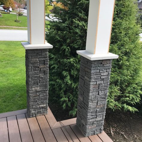 Dark Brown Stacked Stone Pillar Panels are designed to be installed quickly and easily to give any pillar, whether interior or exterior, a stone finish. The Pillar Panels have staggered edges making them interlock around any pillar quickly. Pillar Panels come in 3 widths, 8”, 11”, and 24” (inside dimensions) and are all 48” high. The Pillar Panels are finished off perfectly with Ledge Trims, or if your pillar is taller you can stack them on top of each other. 8" Pillar Panels: Designed to wrap p Concrete Panels Interior, Faux Stacked Stone, Porch Pillars, Column Ideas, Faux Stone Panels, Dark Panels, Porch Columns, Porch Posts, Brick Paneling