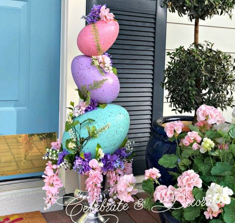 Make an Easter egg topiary from giant Easter eggs found at your local craft store for a fun and easy Easter decoration! Easter Crafts To Make, Jumbo Easter Eggs, Easter Topiary, Easter Crafts Dollar Store, Giant Easter Eggs, Easter Porch Decor, Topiary Diy, Christmas Topiary, Easy Easter Decorations