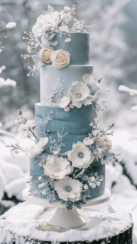 Winter Ice Wedding, Dusty Blue Theme Wedding Cake, Dust Blue Wedding Cake, Blue Christmas Wedding Theme, Christmas Wedding Blue, Periwinkle Wedding Cake, Dusty Blue Wedding Cake Ideas, French Blue Wedding Cake, Winter Wonderland Wedding Bridesmaids