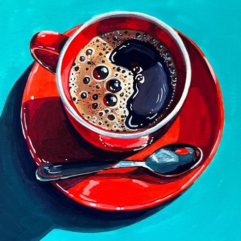 * SOLD * Morning Elixir! So many people liked the last coffee cup with bubbles that of course I had to paint more! Daily Painting Just posted in my online store (KateBirchArt.com) Link in bio! Gouache on paper Paper size 6x6 inches with small white border $125 *** please note for international orders a customs tax may be required upon delivery *** #gouachepainting #stilllifepainting #artistsoninstagram #painteveryday #colorfulart #gouache #dailypainting #dailyart #utahartist #makearteve... Cute Gouache Illustration, Minimal Painting Ideas, Coffee Paintings, Cafe Painting, Coffee Art Painting, Coffee Cup Art, Coffee Painting, Coffee Theme, Cafe Art