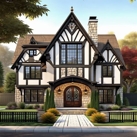 Wrought iron fixtures. Get inspired by Tudor style homes with their charming timber frames, steep roofs, and cozy, fairy-tale vibes! Tudor Style Interior Doors, Tudor Home Floor Plans, Tudor Exterior Makeover, Tudor Style Homes Exterior, Tudor Home Interior, Tudor Style Homes Interior, Tudor Exterior Paint, Tudor Remodel, Prefab Log Cabins