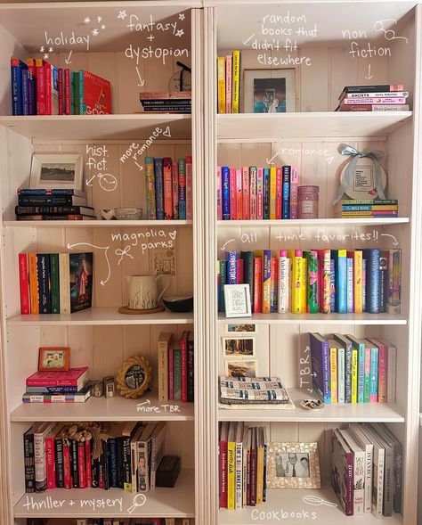 📚 bookshelf organization 📚 How do you organize your bookshelves?! I’ve tried all the methods, color coordinated, rainbow, alphabetical, aesthetic only. I reorganized my shelves today and I found that organizing them loosely by genre, while separating out my favorite books and physical TBR is what works best for me! It’s got the perfect touch of chaos and order to it and is the most functional for my day to day bookish habits. Books Organization Aesthetic, Book Shelf Organizer Organization Ideas, Organizing A Bookshelf, How To Organise Books Bookshelves, Book Shelves Organization Ideas, How To Display Books Without A Bookshelf, Organised Bookshelves, How To Organize Books Without Shelves, How To Organize A Bookshelf