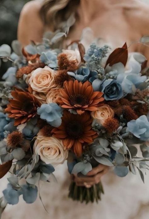 Orange Wedding Color Palette, Blue Fall Wedding, Unique Wedding Colors, Orange Wedding Colors, Rusting Wedding, Flower Boquet, Wedding Color Ideas, Wedding Reception Table Decorations, Dusty Blue Wedding