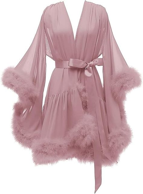 Changuan Feather Bridal Robe Fur Old Hollywood Robe Sexy Illusion Lingerie Nightgown Bathrobe Sleepwear Dressing GownDusty Rose XXL at Amazon Women’s Clothing store Feather Bridal Robe, Nighty Night Dress, Fancy Robes, Short Gown Dress, Night Wear Dress, Wedding Scarf, Victoria Secret Outfits, Lingerie Party, Bridal Robe