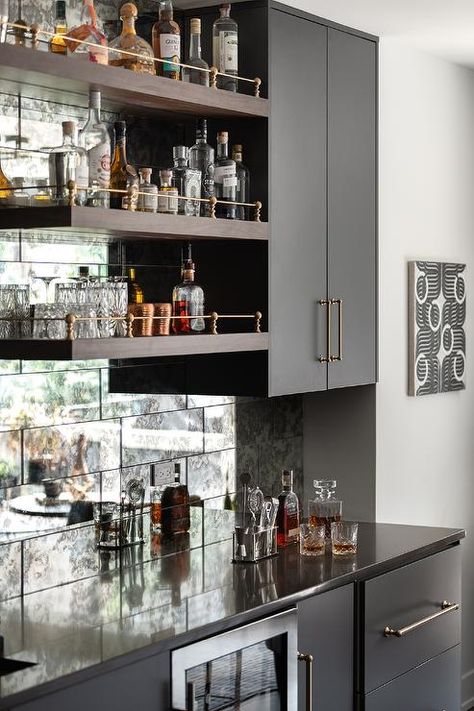 Glass Tile Bar Backsplash, Antique Mirror Backsplash Wet Bar, Bar With Mirror And Glass Shelves, Bar Mirror With Shelves, Antique Glass Bar Backsplash, Mirror Bar Shelves, Antique Glass Tile Backsplash, Antique Glass Tile, Antique Mirror Bar Backsplash