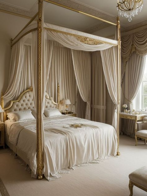 Royal Princess Bedroom, Princess Bedroom Aesthetic, Princess Bed Frame, Princess Theme Bedroom, Gold Bed Frame, Princess Bedrooms, Princess Room Decor, Royal Bed, Royal Room