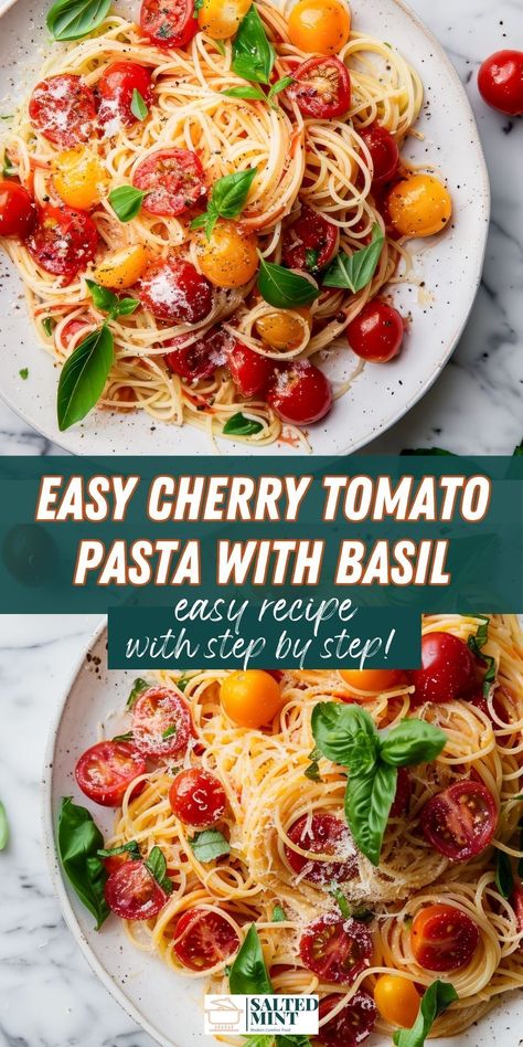 Enjoy a delicious and easy cherry tomato pasta in just 15 minutes! With only 5 ingredients, including fresh tomatoes and basil, it's the perfect healthy dinner. Simple Fresh Recipes, Recipe Cherry Tomatoes, Cherrie Tomato Recipes, Fresh Tomato Crockpot Recipes, Recipes To Use Up Cherry Tomatoes, Cooking With Tomatoes, Cooking With Fresh Tomatoes, Pasta And Tomatoes Recipes, Mini Tomatoes Recipes